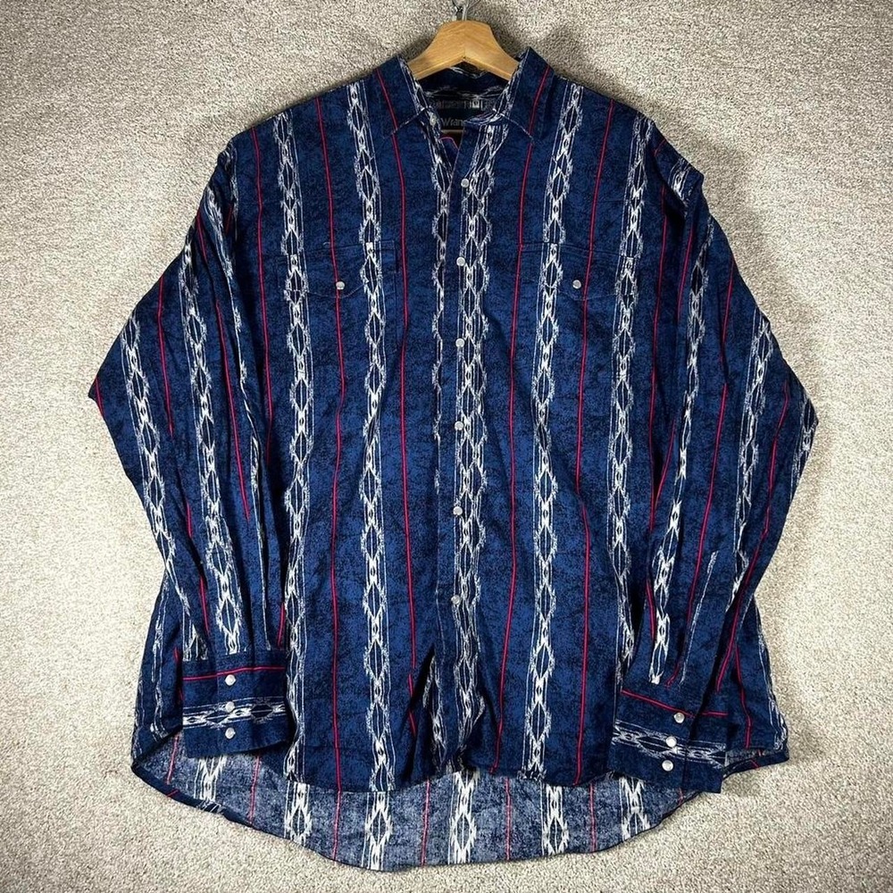 Vintage Wrangler blue stripe patterned pearl snap button up western shirt XL